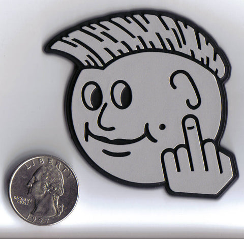 Silver/Chrome "FU" Middle Finger Smile Badge